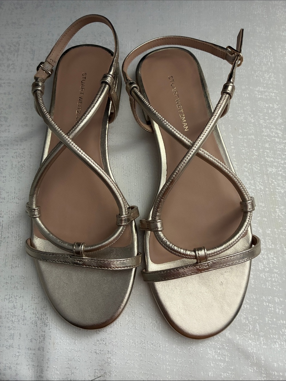 Stuart Weitzman Rose Gold Crisscross Strap Sandals